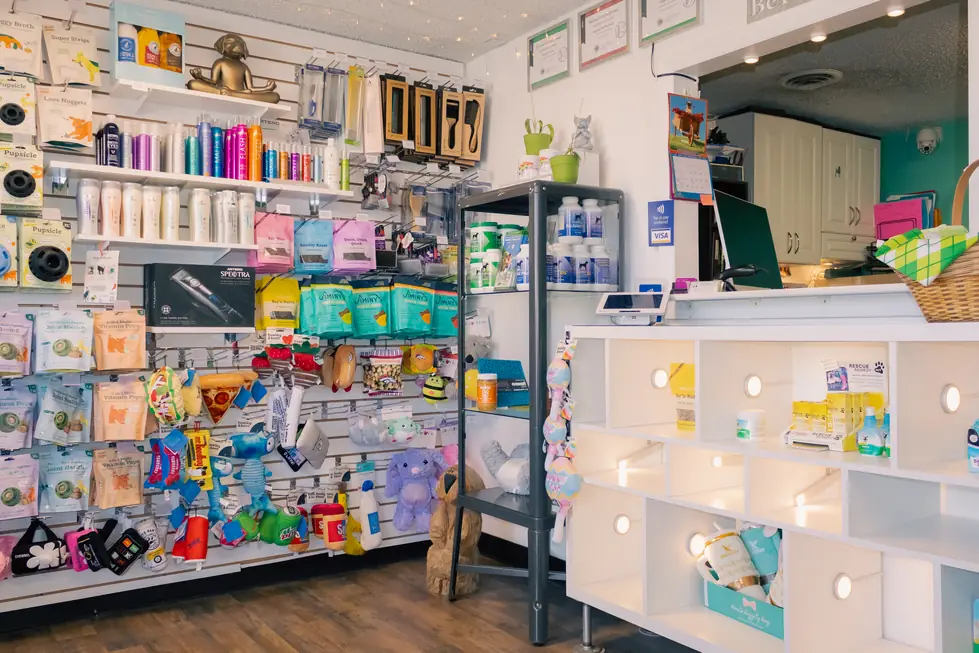A retail wall of dog toys, shampoo bottles and treats